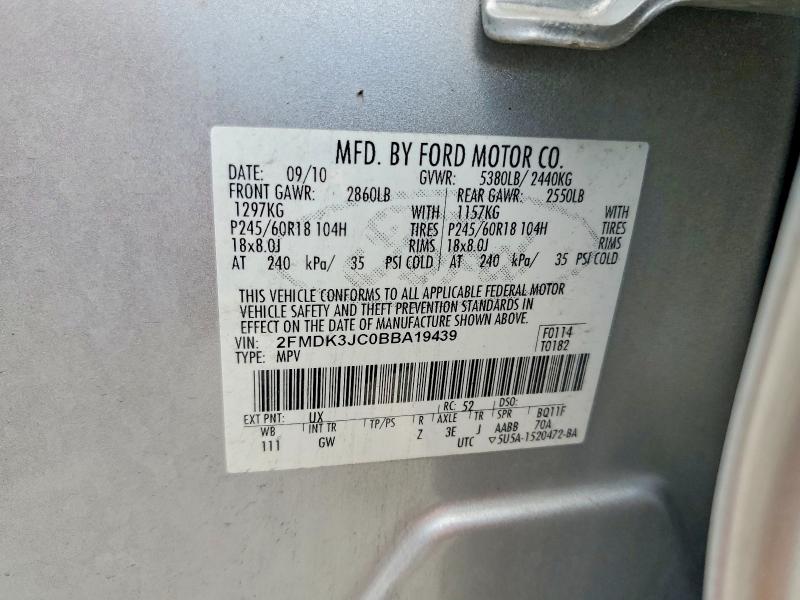 2011 Ford Edge მანქანა იყიდება აუქციონზე, vin: 2FMDK3JC0BBA19439, აუქციონის ნომერი: 57192846