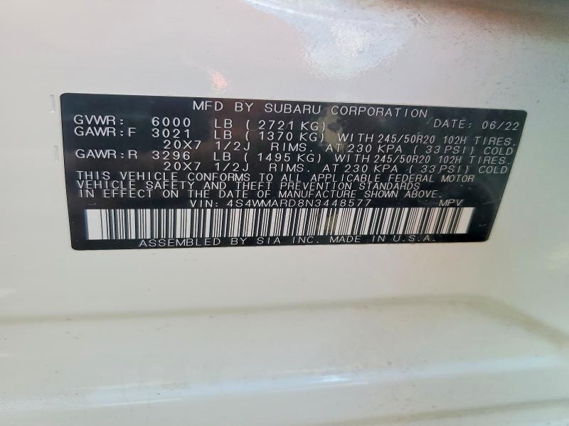 Продажа на аукционе авто 2022 Subaru Ascent, vin: 4S4WMARD8N3448577, номер лота: 58394246