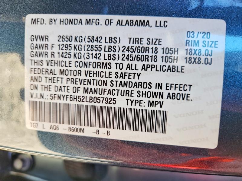 Продаж на аукціоні авто 2020 Honda Pilot, vin: 5FNYF6H52LB057925, номер лоту: 58486676