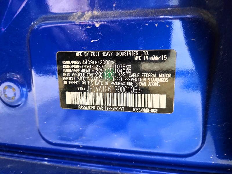 2016 Subaru Wrx მანქანა იყიდება აუქციონზე, vin: JF1VA1E61G9801053, აუქციონის ნომერი: 56397366