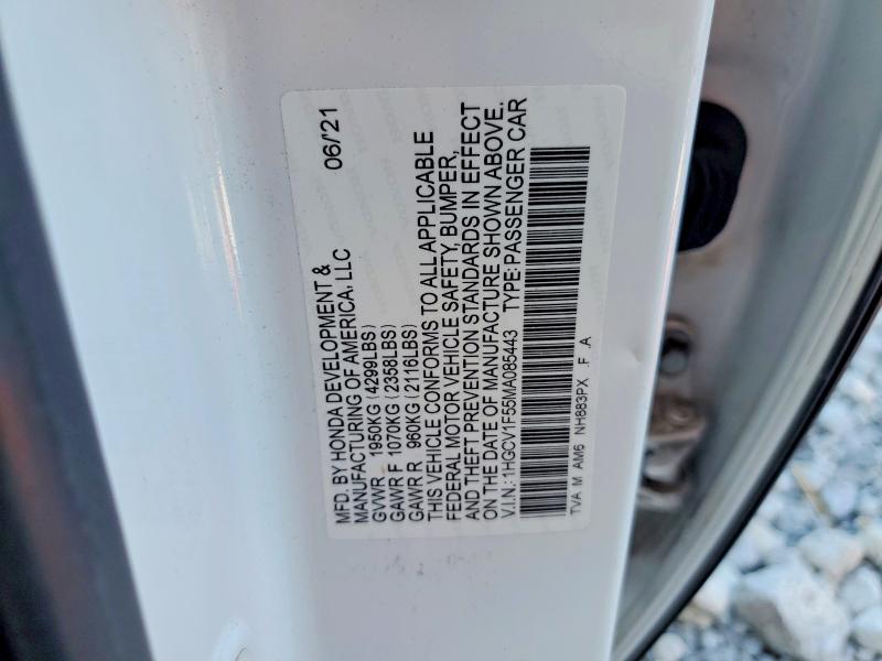 2021 Honda Accord მანქანა იყიდება აუქციონზე, vin: 1HGCV1F55MA085443, აუქციონის ნომერი: 56351516