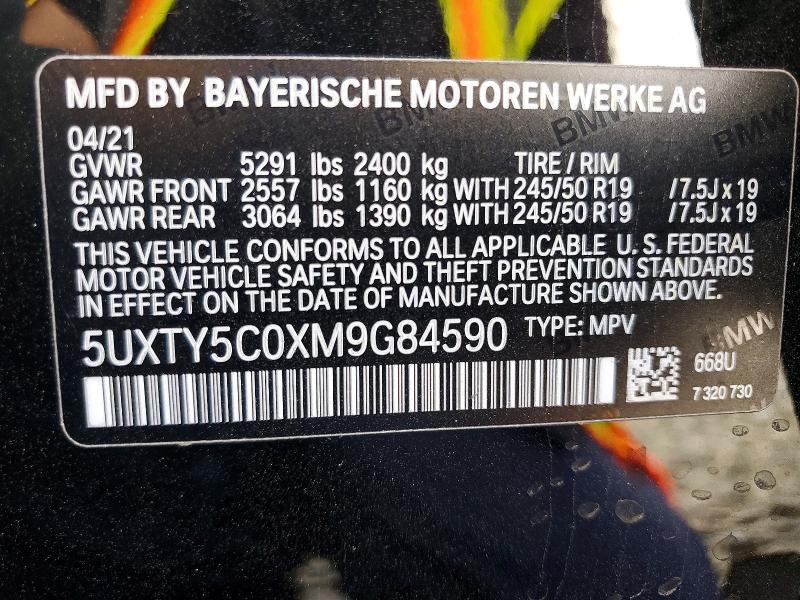 56489166 :رقم المزاد ، 5UXTY5C0XM9G84590 vin ، 2021 Bmw X3 مزاد بيع