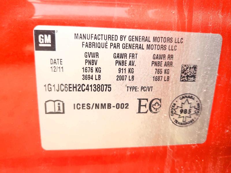 Продаж на аукціоні авто 2012 Chevrolet Sonic, vin: 1G1JC6EH2C4138075, номер лоту: 56615396