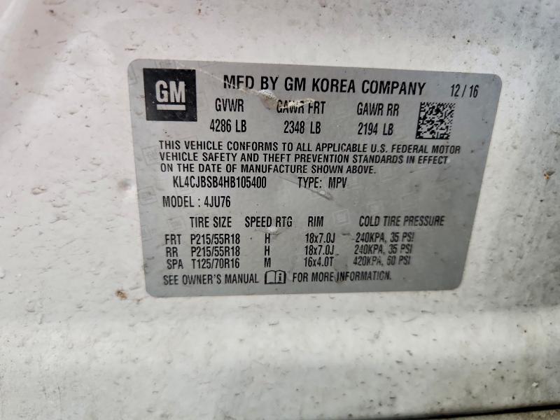 2017 Buick Encore მანქანა იყიდება აუქციონზე, vin: KL4CJBSB4HB105400, აუქციონის ნომერი: 56060236