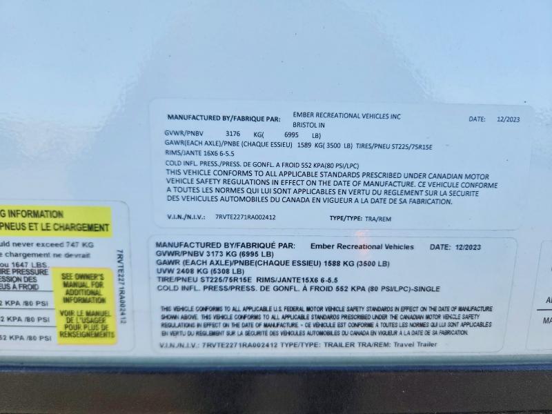 2024 Ember Trailers მანქანა იყიდება აუქციონზე, vin: 7RVTE2271RA002412, აუქციონის ნომერი: 56698376