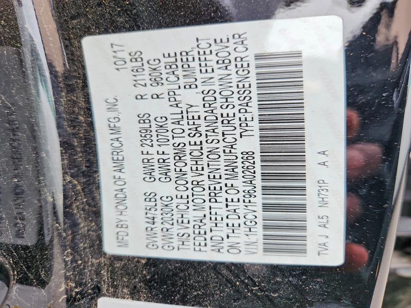 2018 Honda Accord მანქანა იყიდება აუქციონზე, vin: 1HGCV1F96JA026268, აუქციონის ნომერი: 57854946