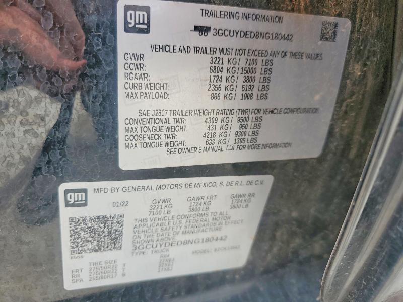 Продаж на аукціоні авто 2022 Chevrolet Silverado Ltd, vin: 3GCUYDED8NG180442, номер лоту: 56539296