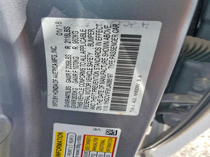 Продаж на аукціоні авто 2018 Honda Accord, vin: 1HGCV1F91JA086197, номер лоту: 59045756