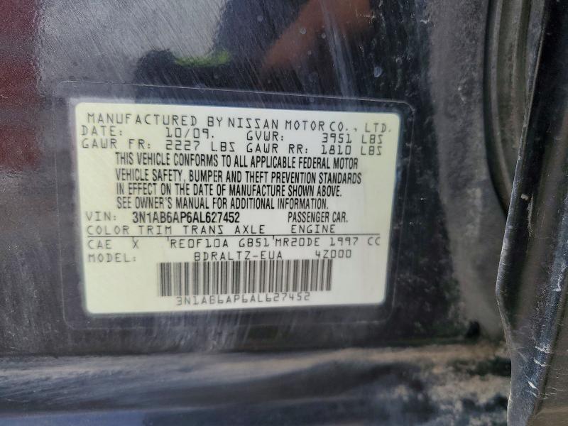 2010 Nissan Sentra მანქანა იყიდება აუქციონზე, vin: 3N1AB6AP6AL627452, აუქციონის ნომერი: 57524766