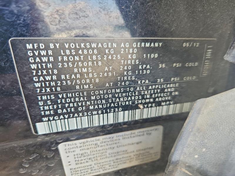 56507216 :رقم المزاد ، WVGAV7AX3CW611230 vin ، 2012 Volkswagen Tiguan مزاد بيع