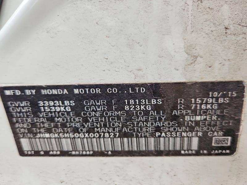 Aukcja sprzedaży 2016 Honda Fit, vin: JHMGK5H50GX007827, numer aukcji: 57545826