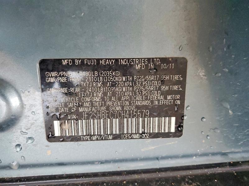 2012 Subaru Forester მანქანა იყიდება აუქციონზე, vin: JF2SHBEC7CH415579, აუქციონის ნომერი: 55591516