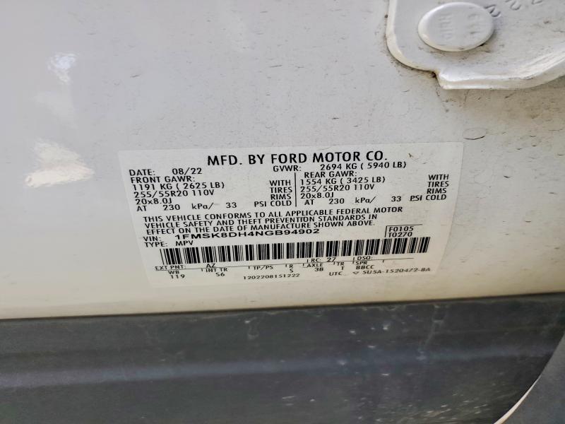57468166 :رقم المزاد ، 1FMSK8DH4NGB94902 vin ، 2022 Ford Explorer مزاد بيع