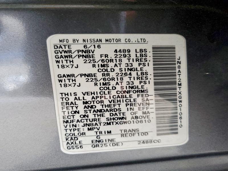 58479436 :رقم المزاد ، JN8AT2MTXGW010610 vin ، 2016 Nissan Rogue مزاد بيع