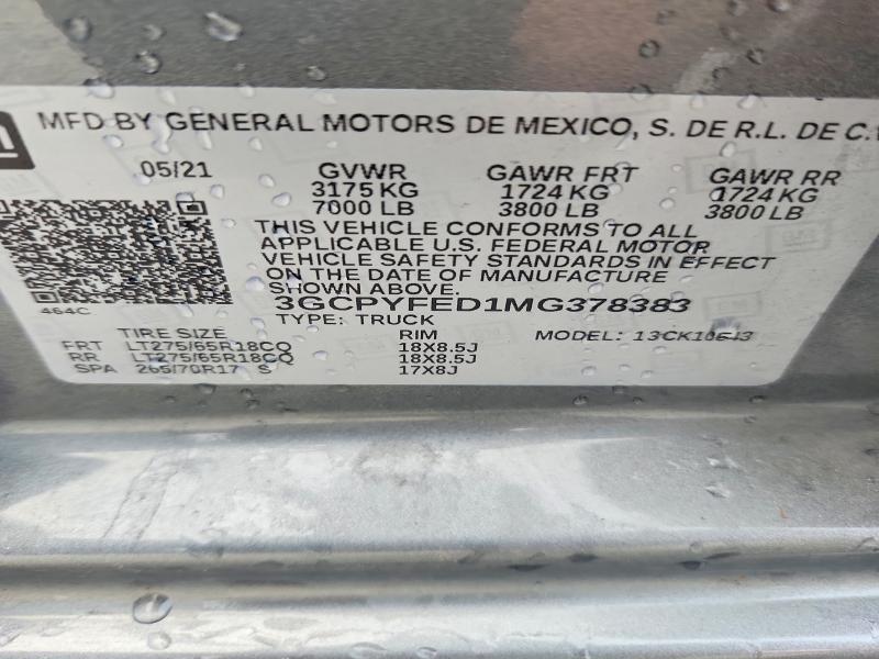 Продажа на аукционе авто 2021 Chevrolet Silverado, vin: 3GCPYFED1MG378383, номер лота: 57596776