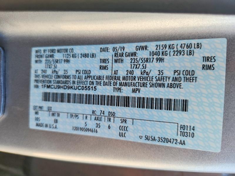 Продаж на аукціоні авто 2019 Ford Escape, vin: 1FMCU9HD9KUC05515, номер лоту: 57255686