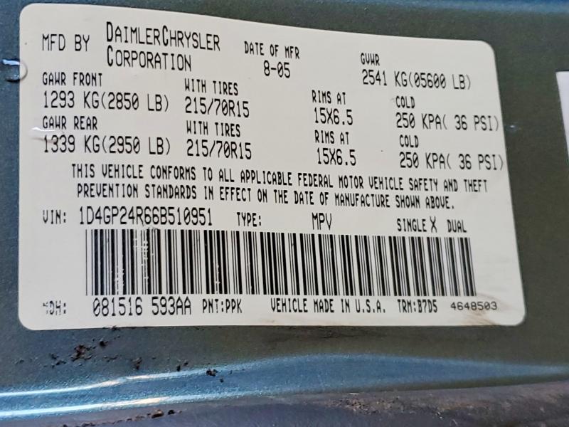 57151436 :رقم المزاد ، 1D4GP24R66B510951 vin ، 2006 Dodge Grand Caravan مزاد بيع