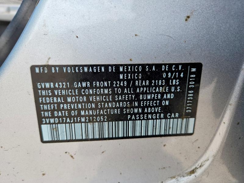 2015 Volkswagen Jetta მანქანა იყიდება აუქციონზე, vin: 3VWD17AJ1FM212052, აუქციონის ნომერი: 58946936