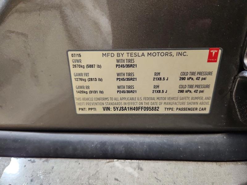 2015 Tesla Model S მანქანა იყიდება აუქციონზე, vin: 5YJSA1H49FF095882, აუქციონის ნომერი: 53952166