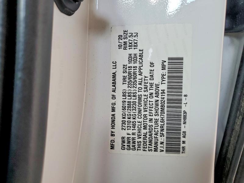 Aukcja sprzedaży 2021 Honda Odyssey, vin: 5FNRL6H70MB024194, numer aukcji: 58799556