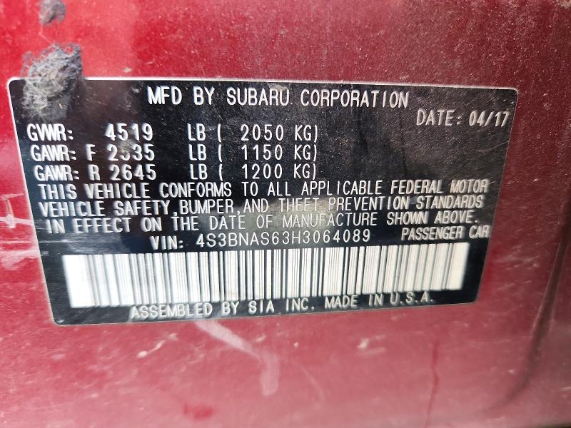 2017 Subaru Legacy მანქანა იყიდება აუქციონზე, vin: 4S3BNAS63H3064089, აუქციონის ნომერი: 57342306