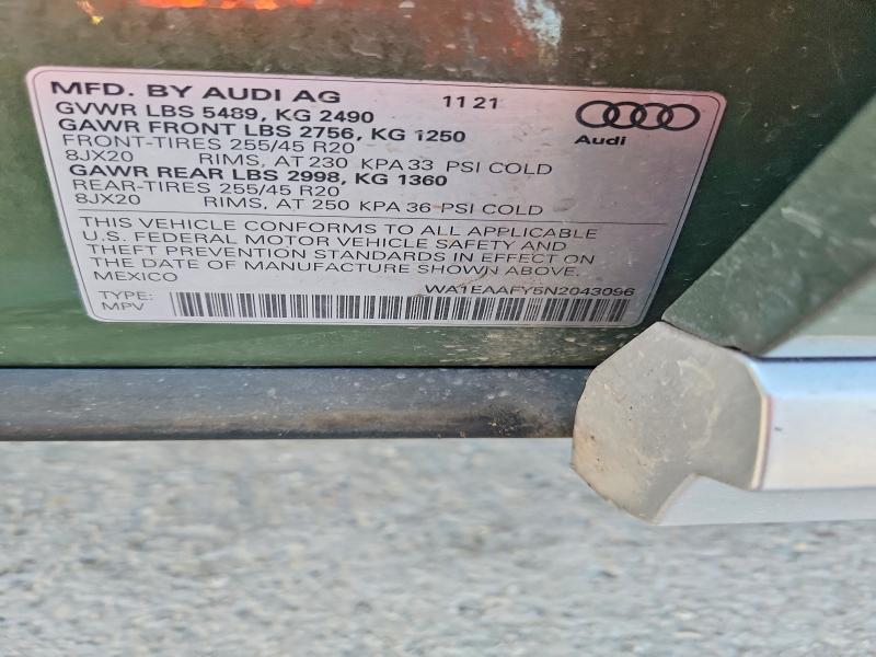 2022 Audi Q5 მანქანა იყიდება აუქციონზე, vin: WA1EAAFY5N2043096, აუქციონის ნომერი: 56524016