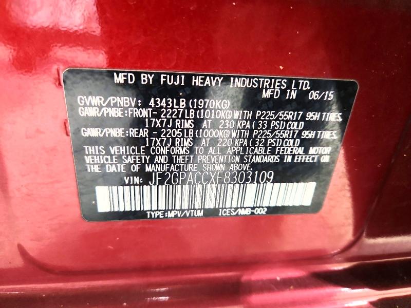 Продажа на аукционе авто 2015 Subaru Xv Crosstrek, vin: JF2GPACCXF8303109, номер лота: 58133906