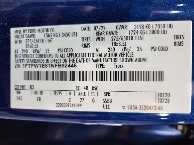 54305566 :رقم المزاد ، 1FTFW1E81NFB92448 vin ، 2022 Ford F150 Super مزاد بيع