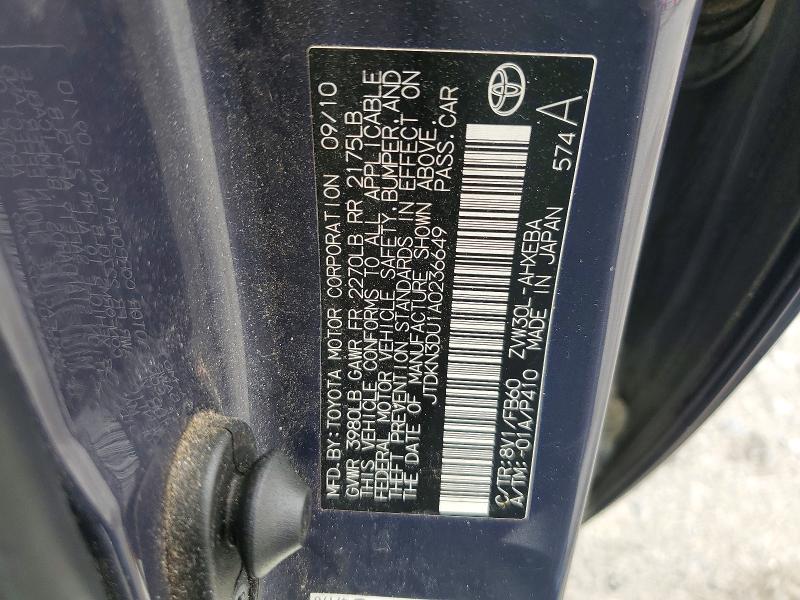 56701536 :رقم المزاد ، JTDKN3DU1A0236649 vin ، 2010 Toyota Prius مزاد بيع