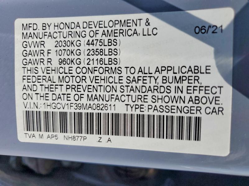 2021 Honda Accord მანქანა იყიდება აუქციონზე, vin: 1HGCV1F39MA082611, აუქციონის ნომერი: 57231206
