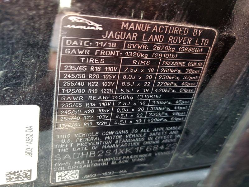 Aukcja sprzedaży 2019 Jaguar I-pace, vin: SADHB2S1XK1F68422, numer aukcji: 58290716