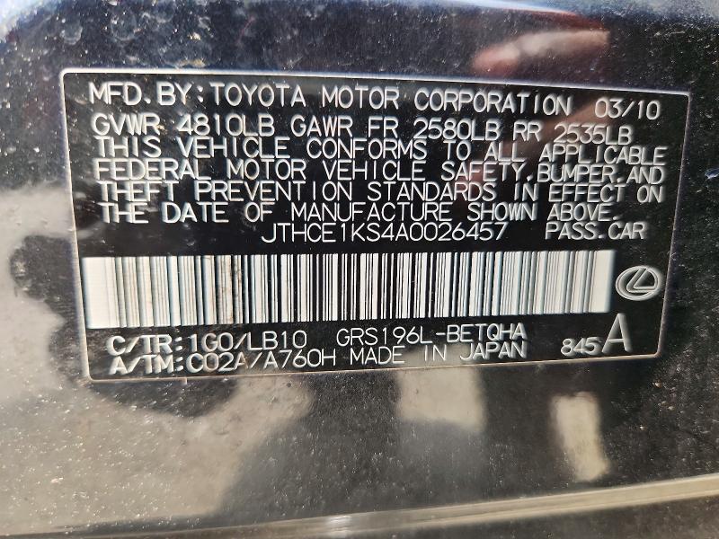 2010 Lexus Gs მანქანა იყიდება აუქციონზე, vin: JTHCE1KS4A0026457, აუქციონის ნომერი: 55026836