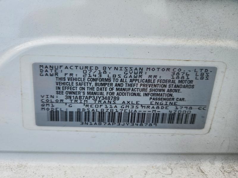 2018 Nissan Sentra მანქანა იყიდება აუქციონზე, vin: 3N1AB7AP3JY348789, აუქციონის ნომერი: 56715746