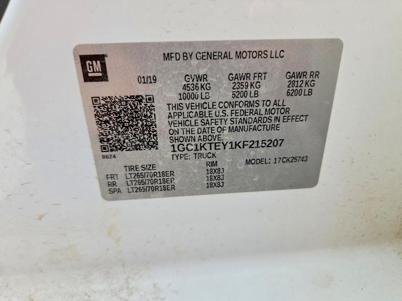 54982926 :رقم المزاد ، 1GC1KTEY1KF215207 vin ، 2019 Chevrolet Silverado مزاد بيع