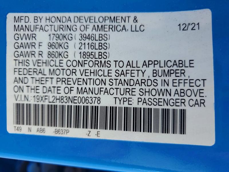 2022 Honda Civic მანქანა იყიდება აუქციონზე, vin: 19XFL2H83NE006378, აუქციონის ნომერი: 58942896
