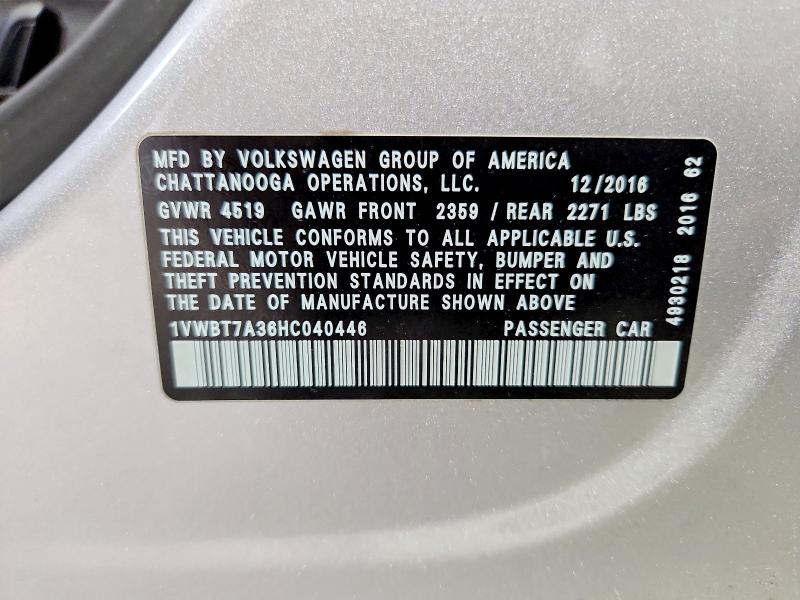 Aukcja sprzedaży 2017 Volkswagen Passat, vin: 1VWBT7A36HC040446, numer aukcji: 55612226