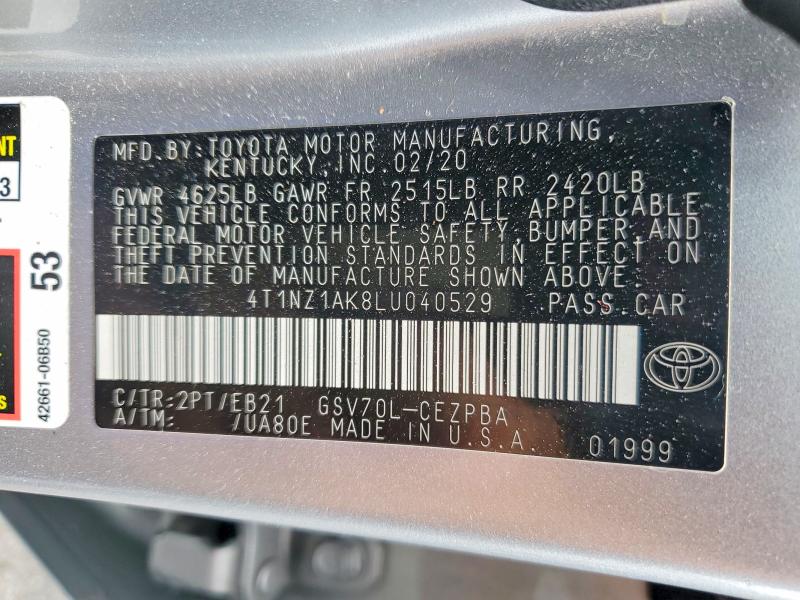2020 Toyota Camry მანქანა იყიდება აუქციონზე, vin: 4T1NZ1AK8LU040529, აუქციონის ნომერი: 59074906