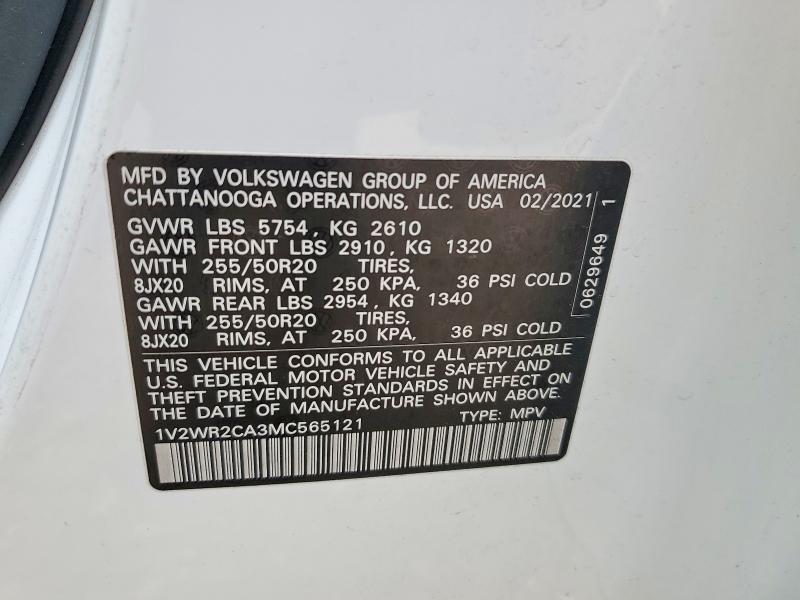 2021 Volkswagen Atlas მანქანა იყიდება აუქციონზე, vin: 1V2WR2CA3MC565121, აუქციონის ნომერი: 57729096