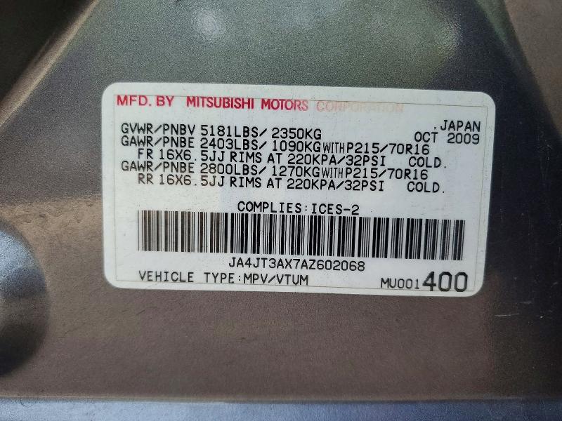 59060766 :رقم المزاد ، JA4JT3AX7AZ602068 vin ، 2010 Mitsubishi Outlander مزاد بيع