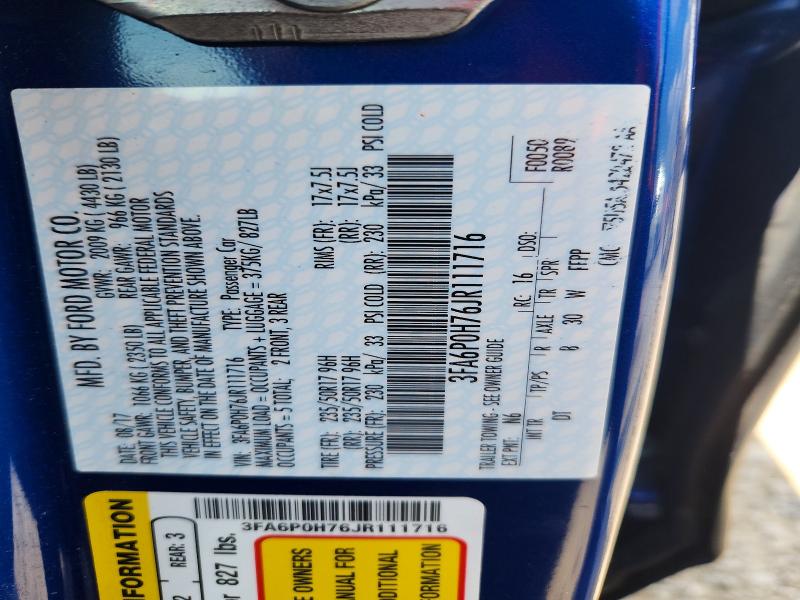 Aukcja sprzedaży 2018 Ford Fusion, vin: 3FA6P0H76JR111716, numer aukcji: 56125076