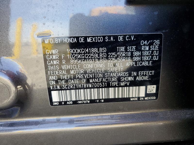 56628746 :رقم المزاد ، 3CZRZ1H78VM700531 vin ، 2027 Honda Hr-v مزاد بيع