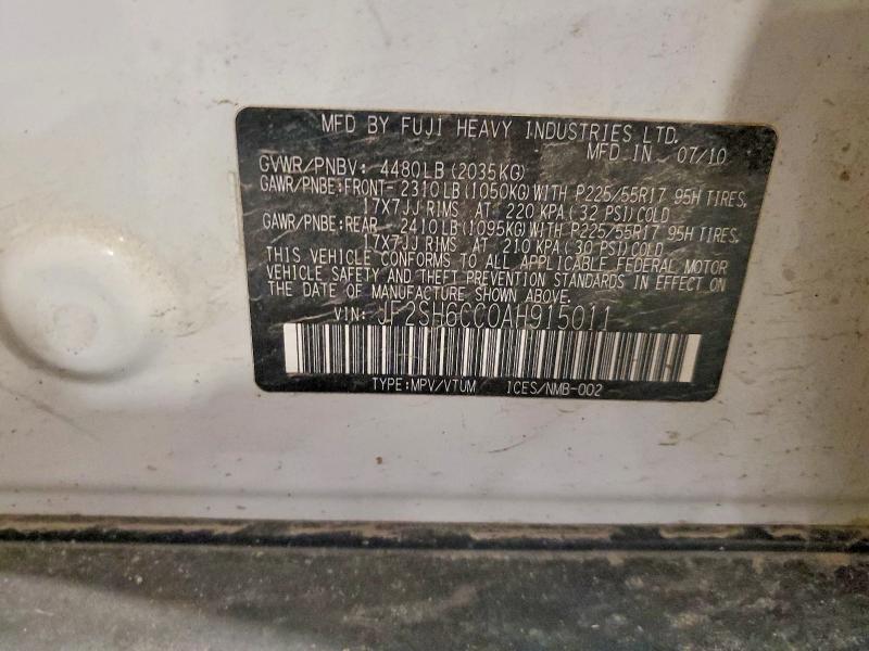 2010 Subaru Forester მანქანა იყიდება აუქციონზე, vin: JF2SH6CC0AH915011, აუქციონის ნომერი: 56530966