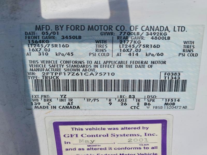 2001 Ford F-150 მანქანა იყიდება აუქციონზე, vin: 2FTPF17Z61CA75710, აუქციონის ნომერი: 58945726
