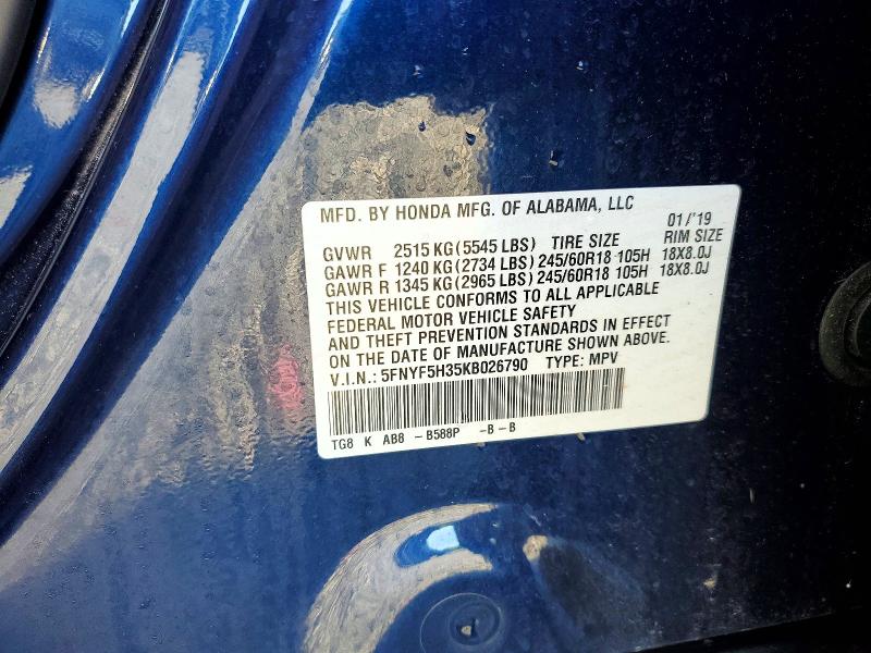 57928676 :رقم المزاد ، 5FNYF5H35KB026790 vin ، 2019 Honda Pilot مزاد بيع