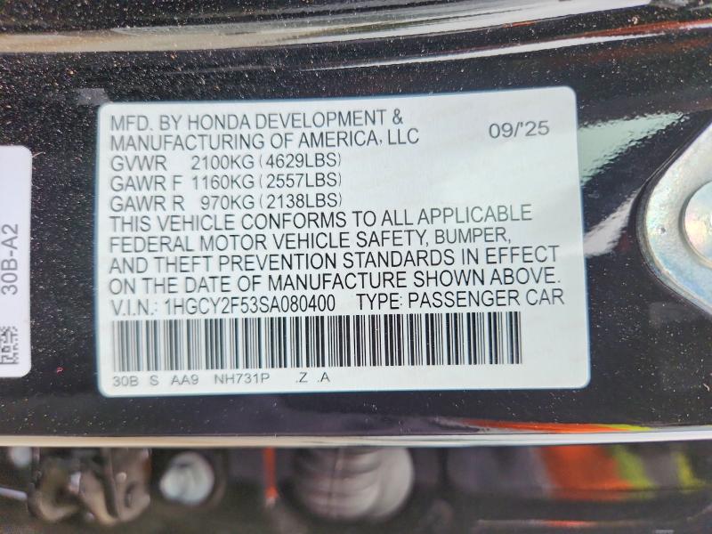 Aukcja sprzedaży 2025 Honda Accord, vin: 1HGCY2F53SA080400, numer aukcji: 57948676