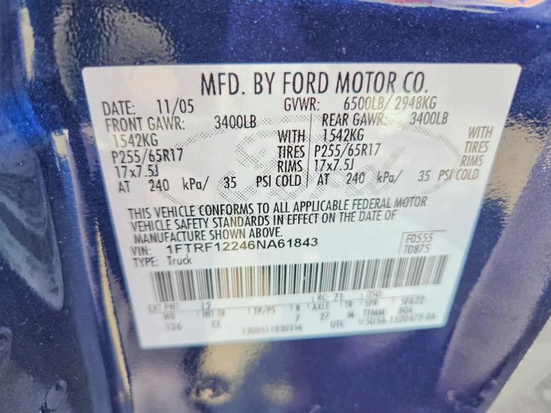 2006 Ford F150 მანქანა იყიდება აუქციონზე, vin: 1FTRF12246NA61843, აუქციონის ნომერი: 57770926