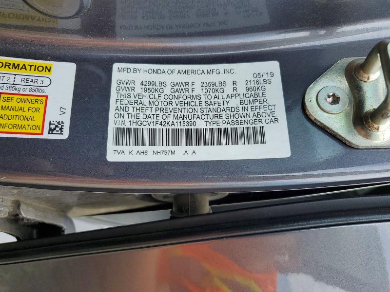 Aukcja sprzedaży 2019 Honda Accord, vin: 1HGCV1F42KA115390, numer aukcji: 57396316