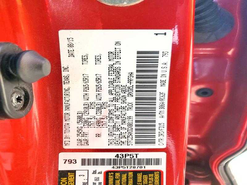 56995946 :رقم المزاد ، 5TFCZ5AN3GX001199 vin ، 2016 Toyota Tacoma مزاد بيع