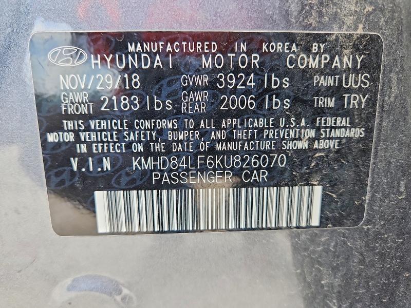 Продаж на аукціоні авто 2019 Hyundai Elantra, vin: KMHD84LF6KU826070, номер лоту: 85460765