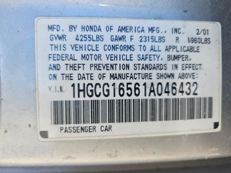 Aukcja sprzedaży 2001 Honda Accord, vin: 1HGCG16561A046432, numer aukcji: 57058936